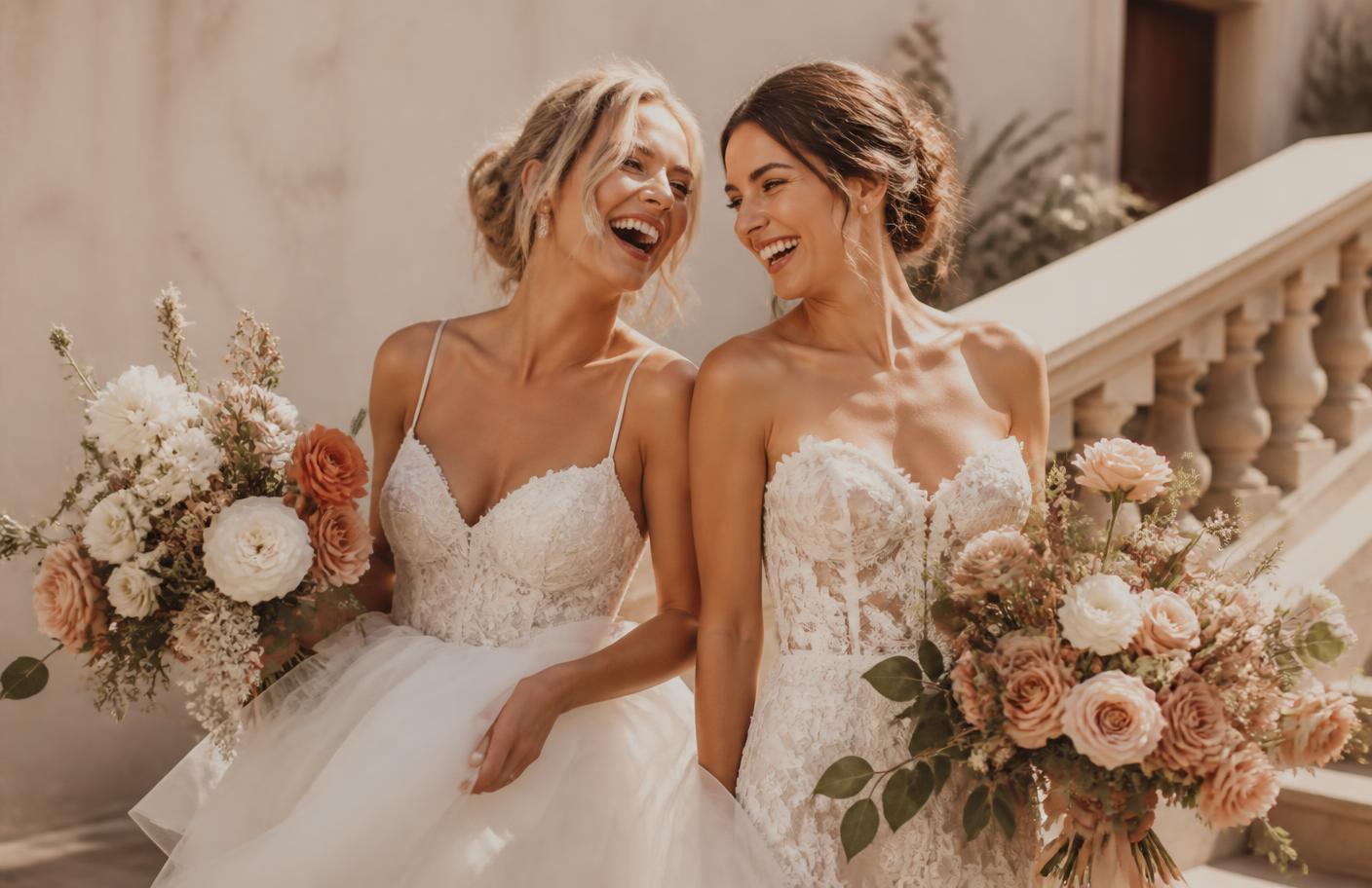 Deux mariées qui rient ensemble avec leurs bouquets